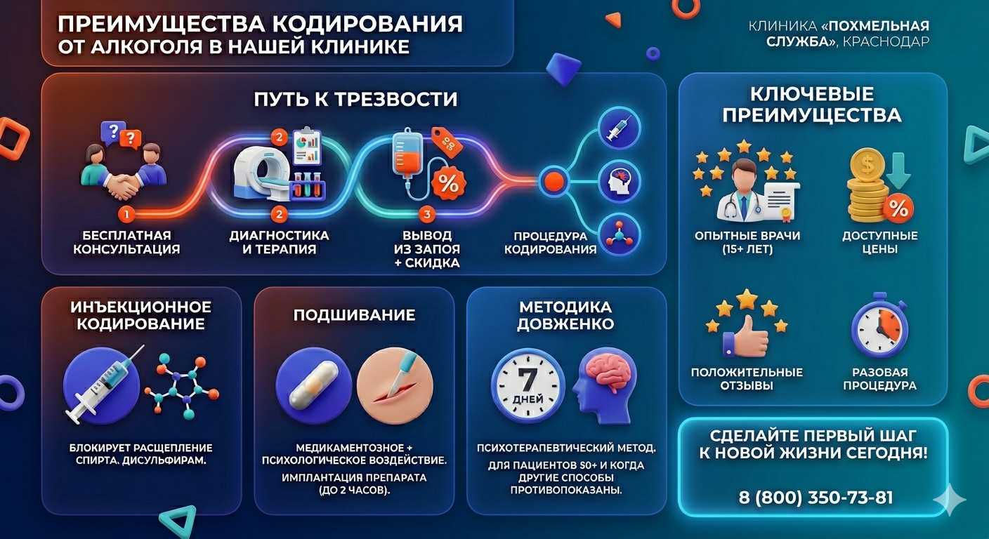 Инфографика о методах кодирования от алкоголя в Ершове: инъекции, подшивание, метод Довженко. Преимущества клиники и этапы лечения.