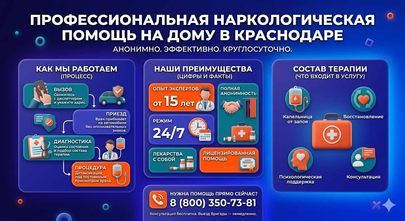 Инфографика о принципах лечения алкоголизма на дому в Ершове: этапы вызова нарколога, преимущества анонимной детоксикации и состав медицинской помощи.